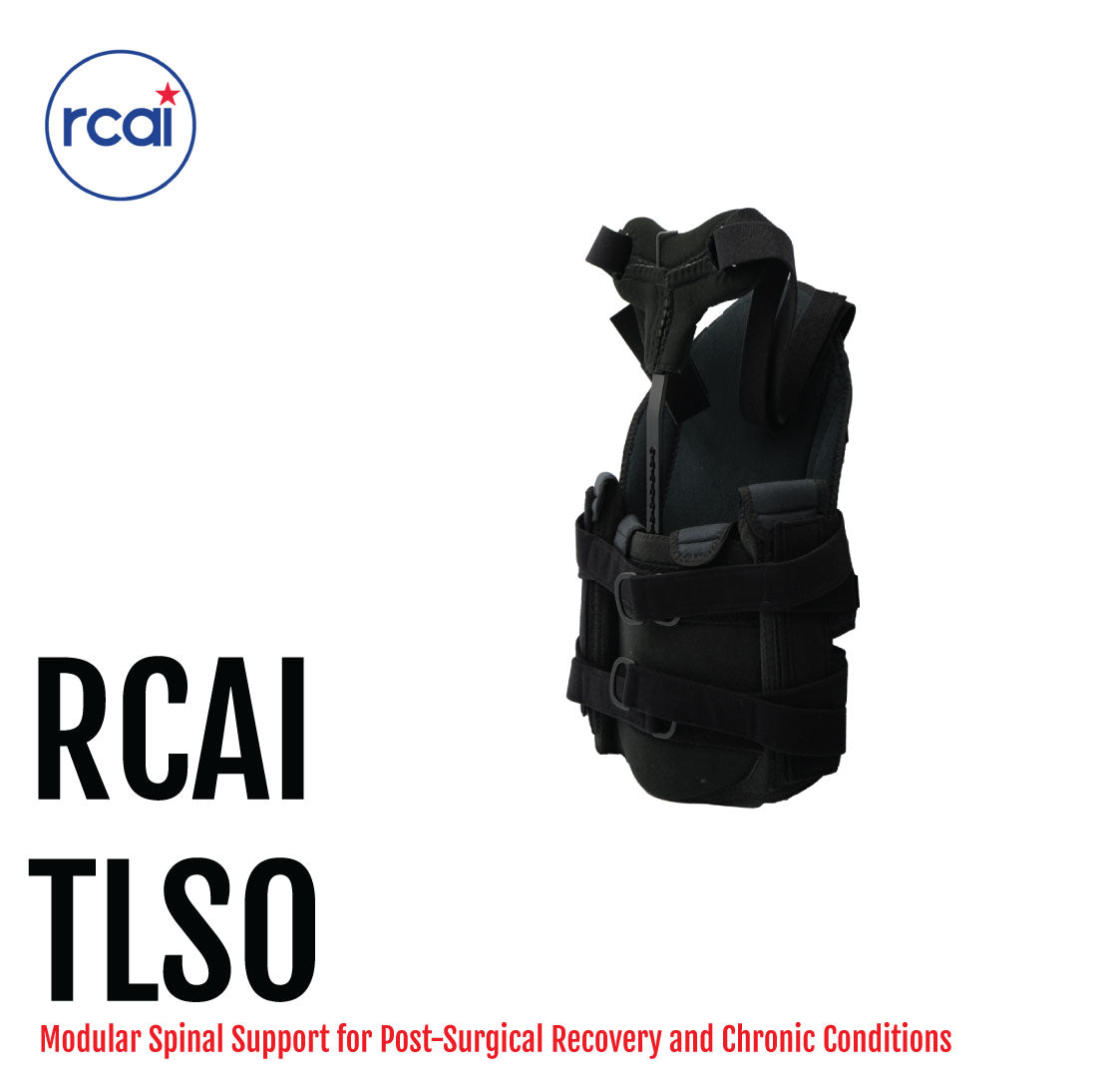 Black modular spinal TLSO brace with adjustable straps and rigid front panel.