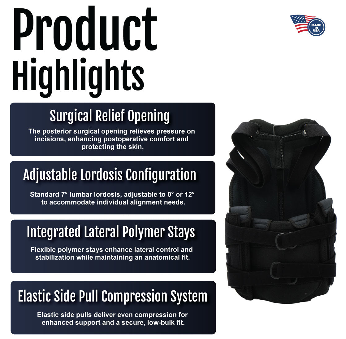 Short Front TLSO brace with surgical relief opening, adjustable lordosis, lateral polymer stays, and elastic side pull.
