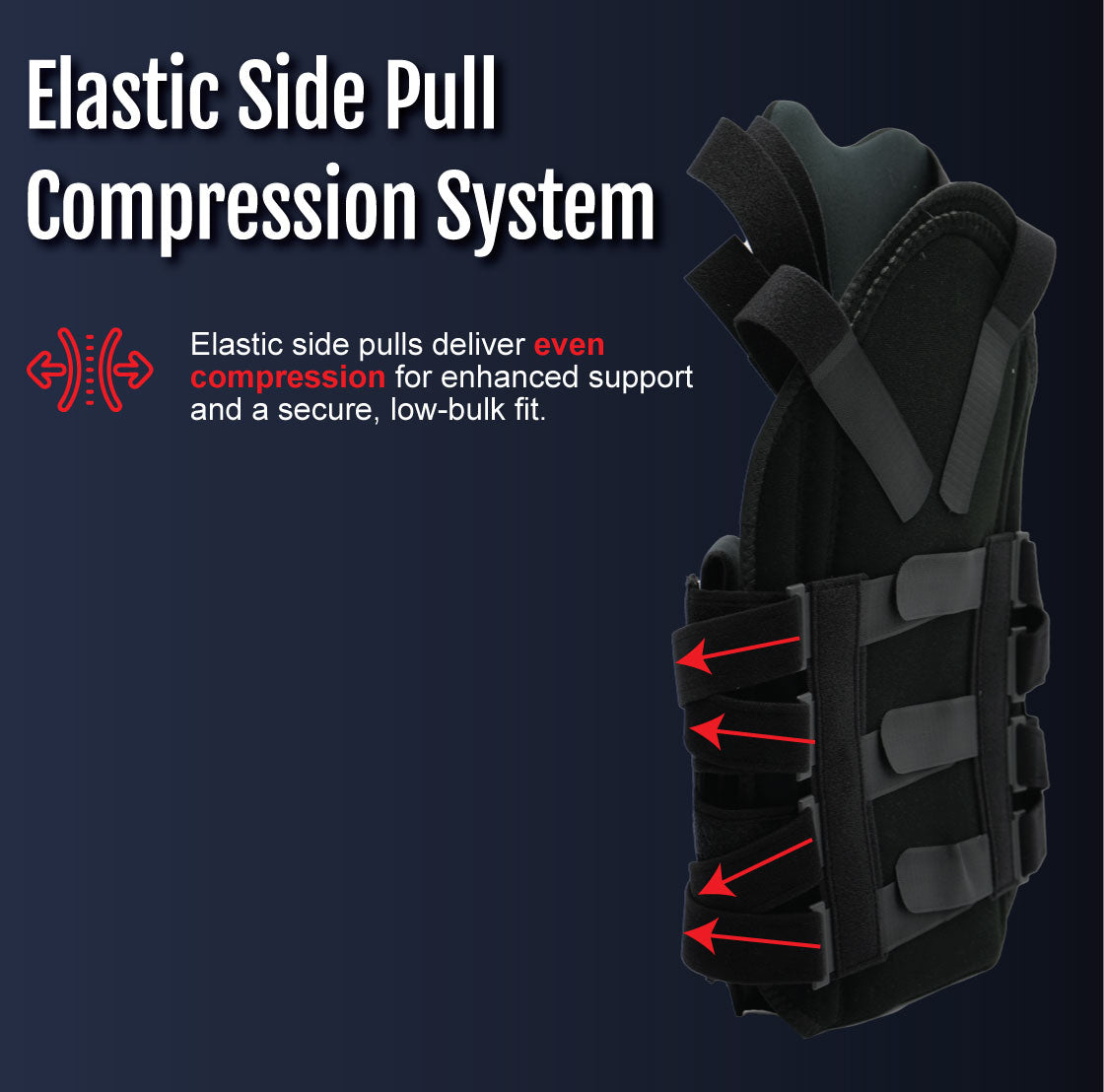 Black short front TLSO brace with multiple adjustable elastic side pull straps and secure velcro closures.