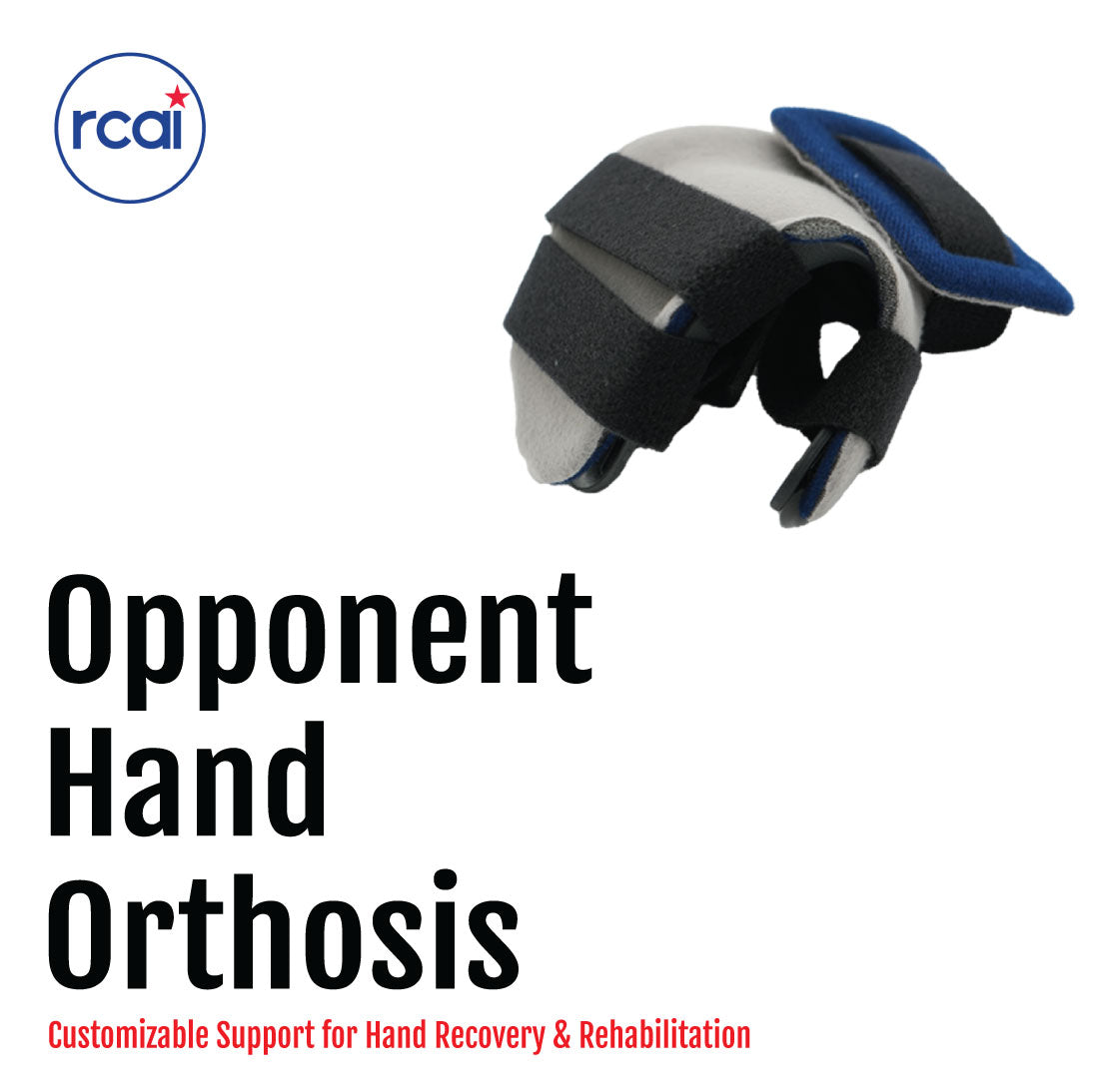 Adjustable black and gray opponent hand orthosis with blue cushioned pad and Velcro straps.