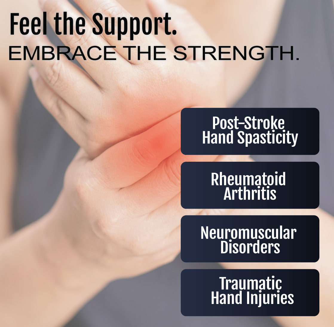 Adjustable black Opponent Hand Orthosis on left hand, designed for support and comfort with open fingers and strap closures.