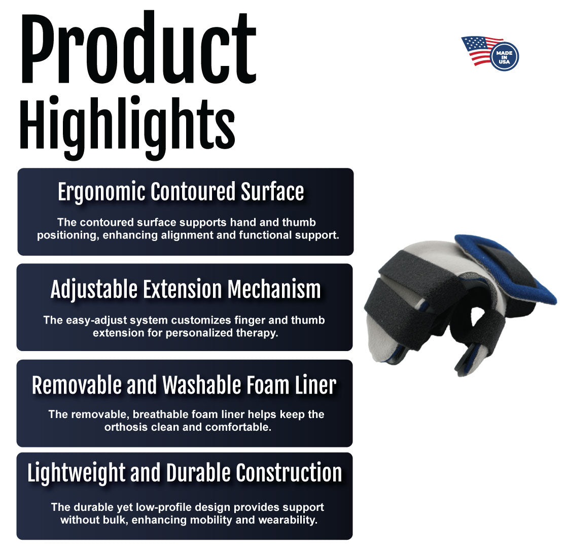 Black Opponent Hand Orthosis with adjustable extension and ergonomic contour features text highlights on a white background.