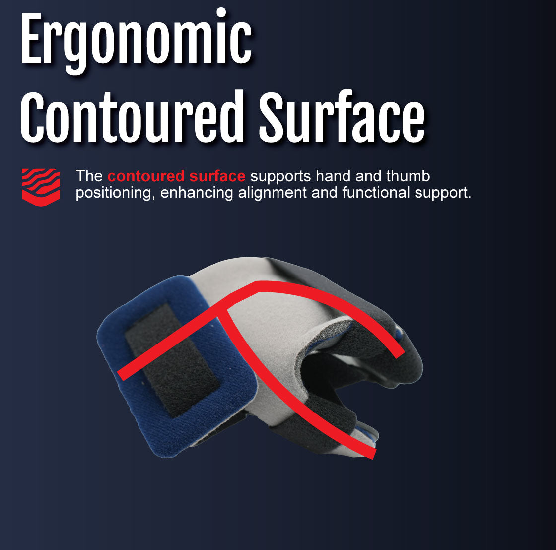 Ergonomic hand orthosis with contoured blue padding and adjustable black straps for support.