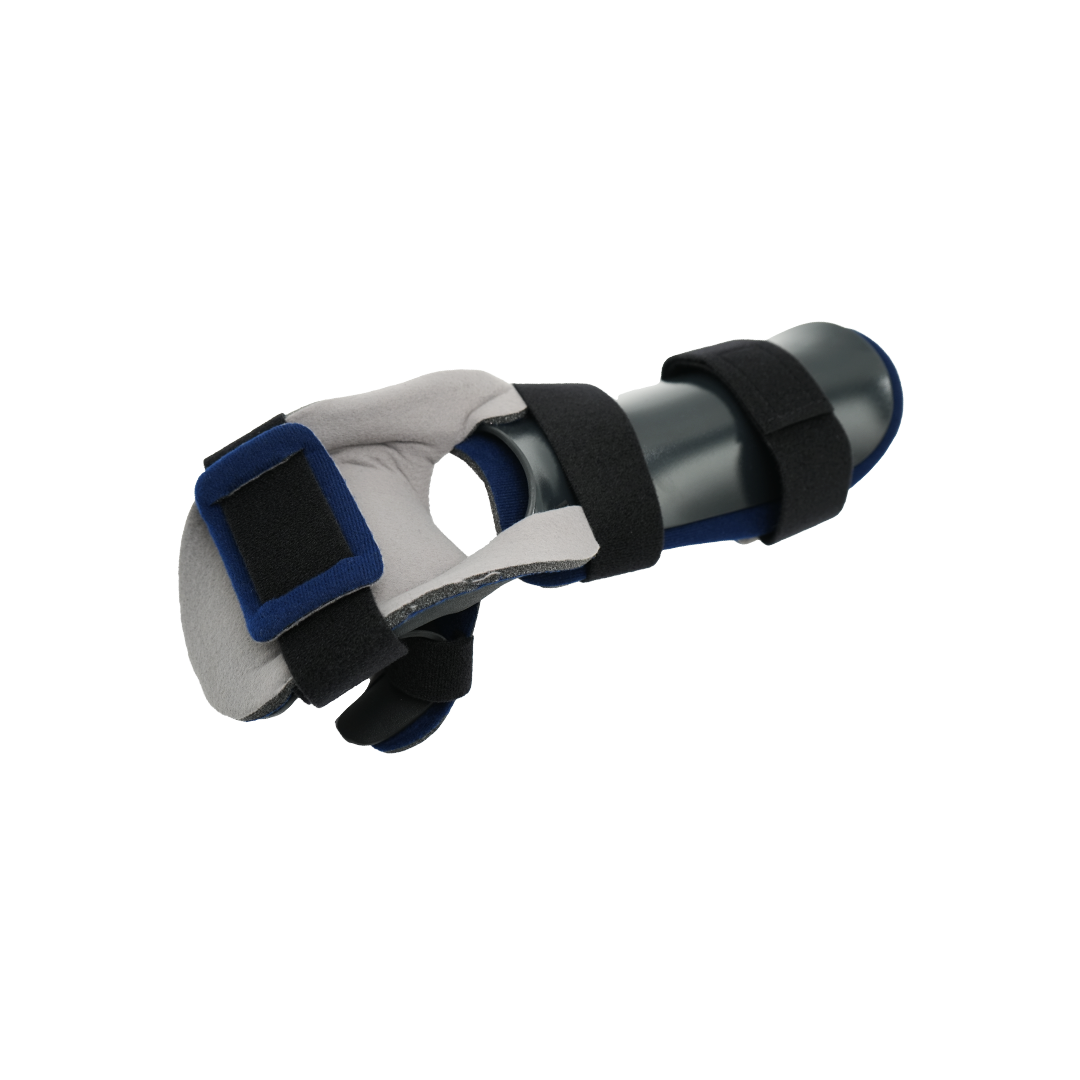 Dorsal resting hand orthosis in gray and black with adjustable straps and blue edge trim for wrist and hand support.