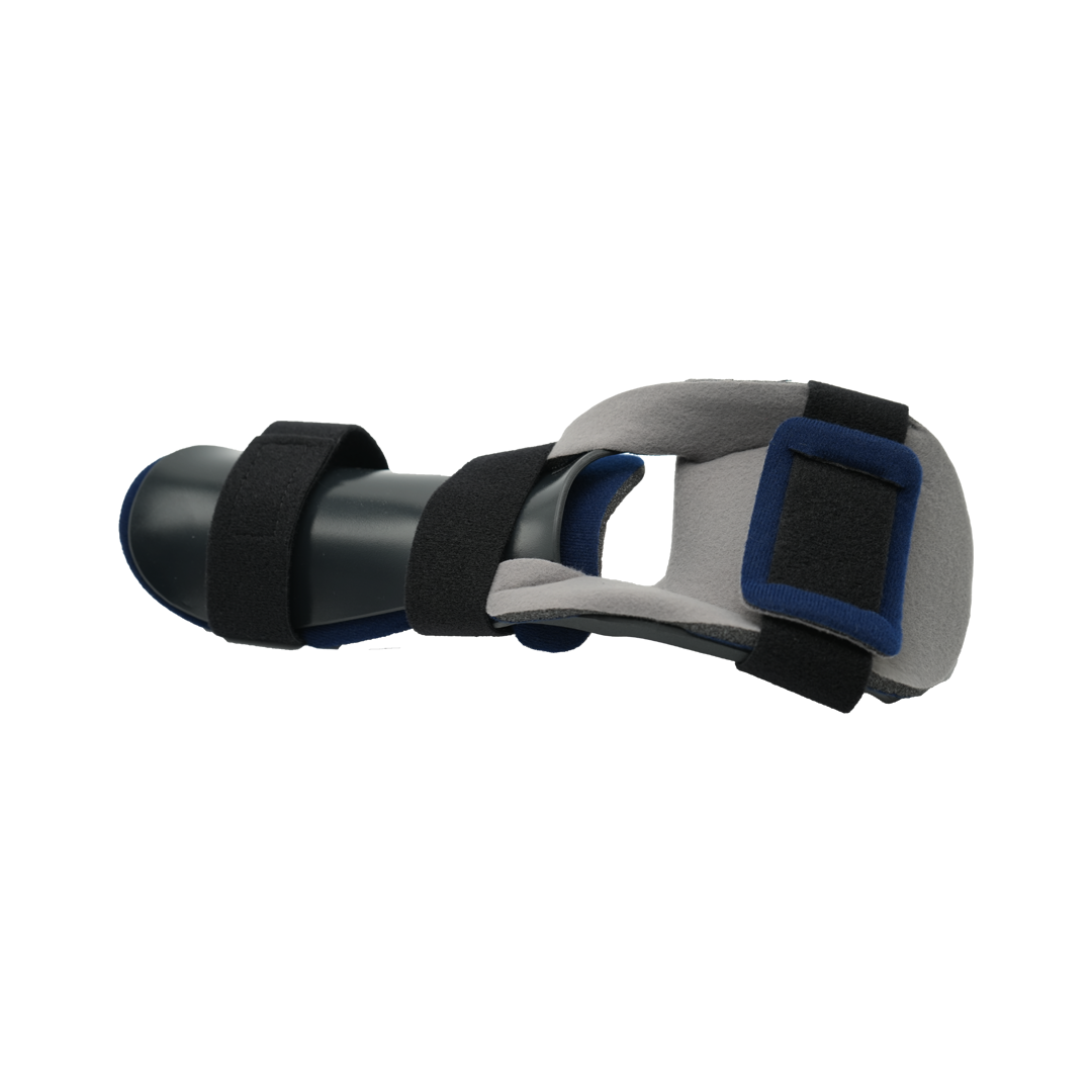 Black and gray dorsal hand orthosis with adjustable straps and cushioned support for wrist and hand recovery.