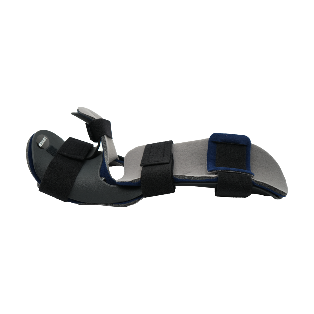 Dorsal resting hand orthosis in black and gray with adjustable Velcro straps and blue padded wrist support.