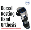 Gray and black dorsal resting hand orthosis with adjustable straps and blue padding, made in the USA, RCAI logo visible.