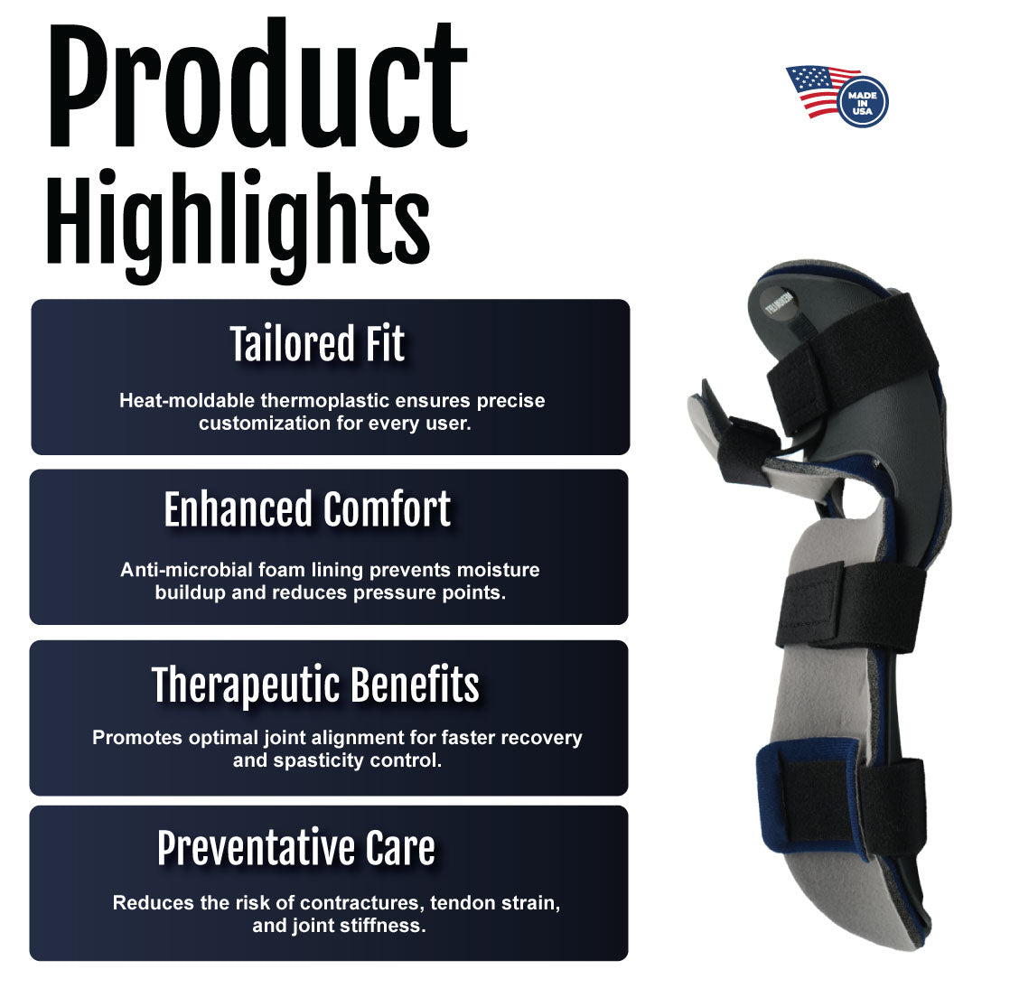 Dorsal resting hand orthosis with adjustable black straps and molded thermoplastic design.