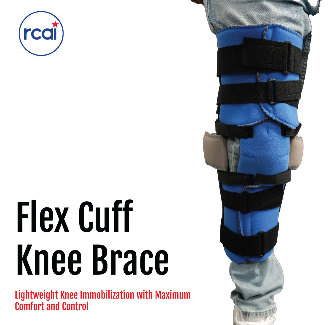 Blue padded knee brace with adjustable black straps and rigid side supports on a bent leg.