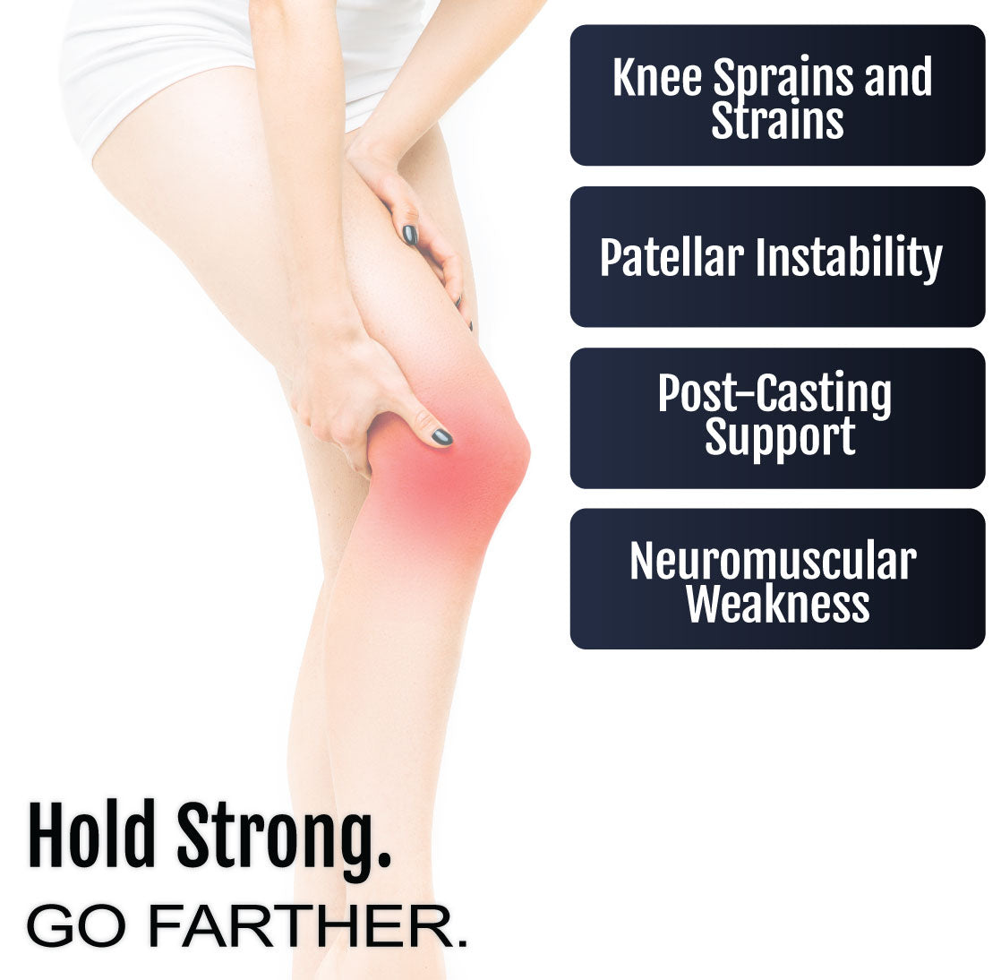 Person wearing white shorts holding knee with red highlight indicating pain, text listing knee sprain, patellar instability, .