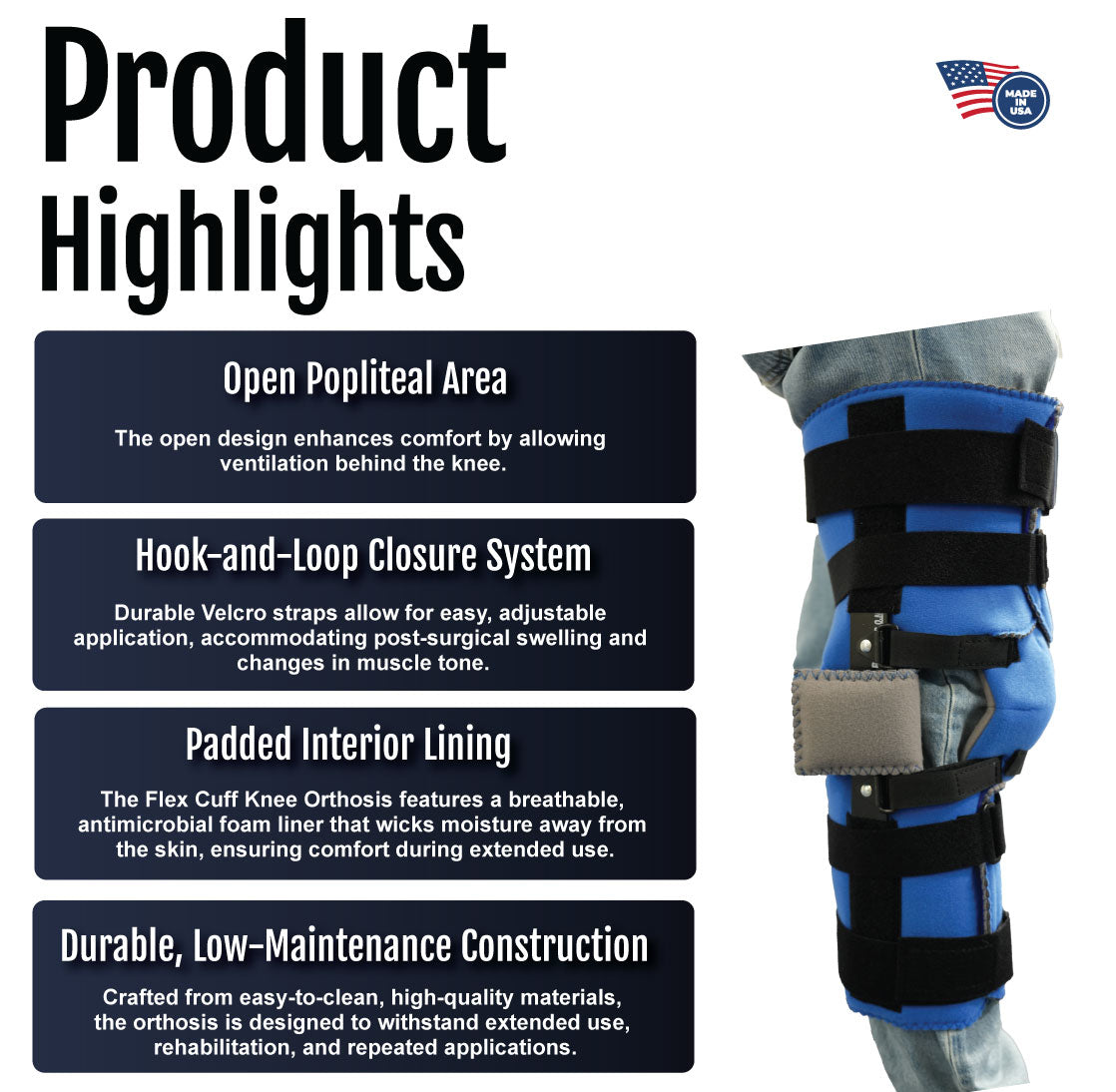 Black and blue Flex Cuff Knee brace with open popliteal area, hook-and-loop straps, and padded interior lining.