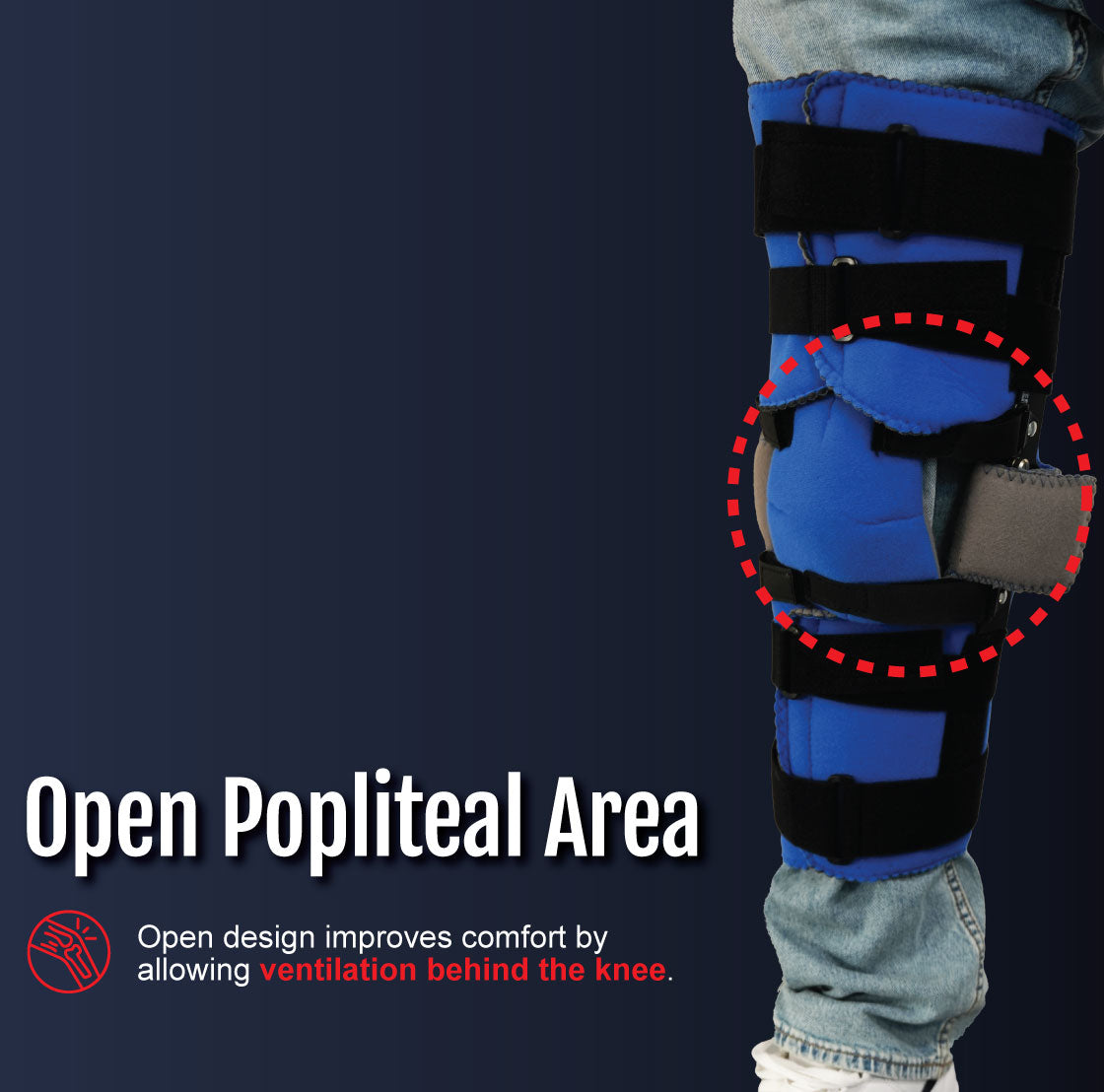 Blue Flex Cuff Knee brace with adjustable black straps and ventilated open popliteal area shown on leg.