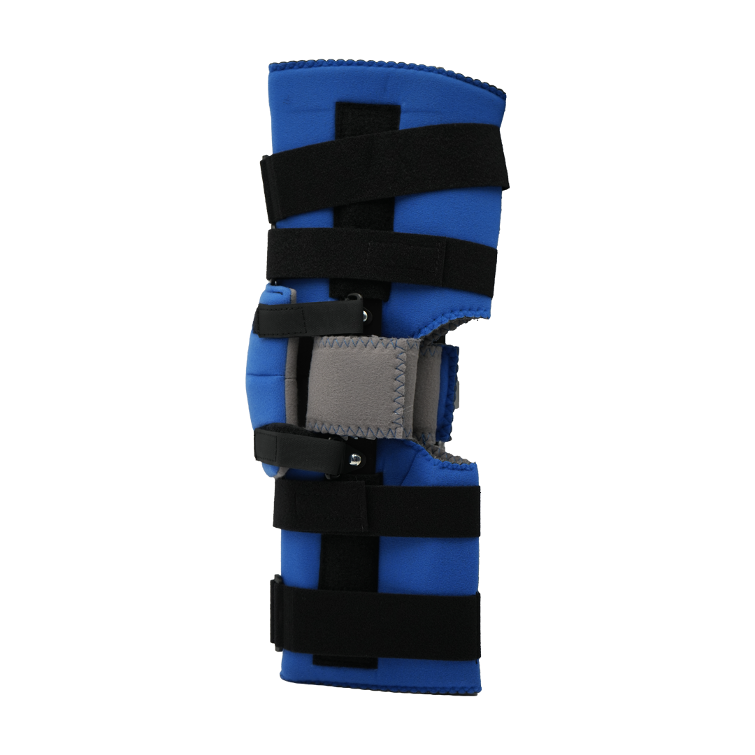 Blue knee brace with adjustable black straps and contoured open patella design.