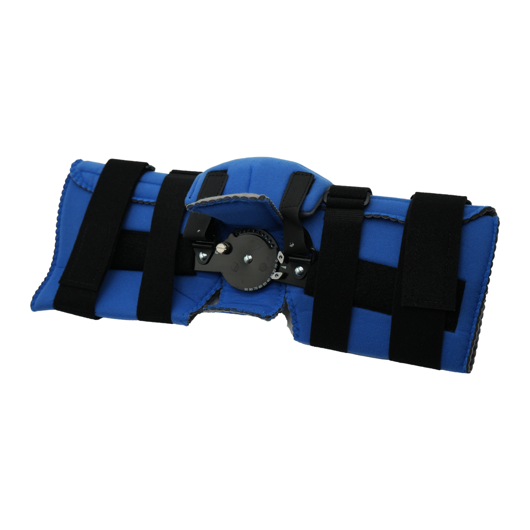 Blue and black adjustable Flex Cuff Knee brace with metal hinge and Velcro straps.