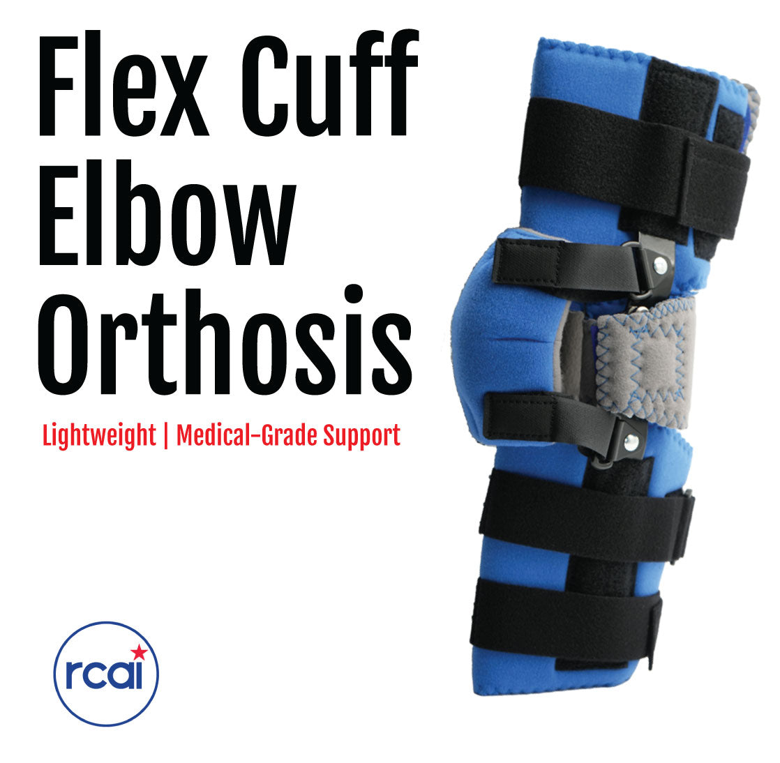 Blue and black adjustable elbow orthosis with rigid support and multiple fastening straps.