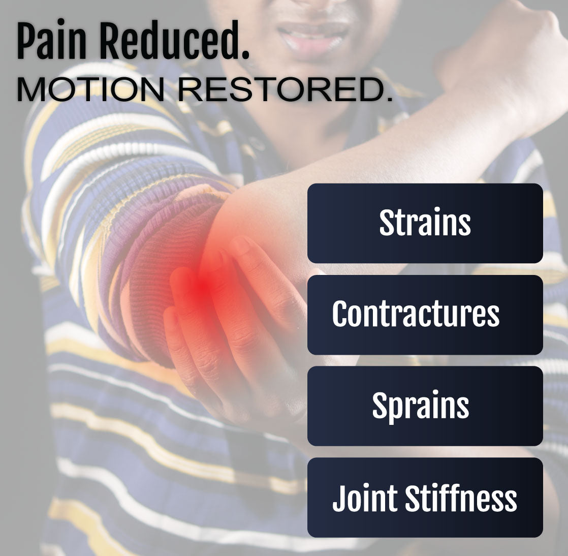 Adjustable black elbow brace worn on bent arm with red highlight indicating elbow pain relief.