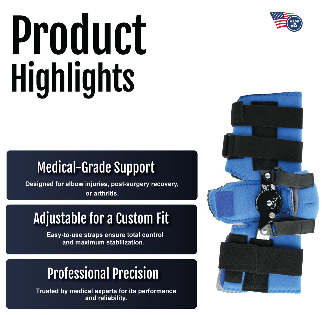 Black and blue lightweight elbow orthosis with adjustable straps and hinge for custom support.
