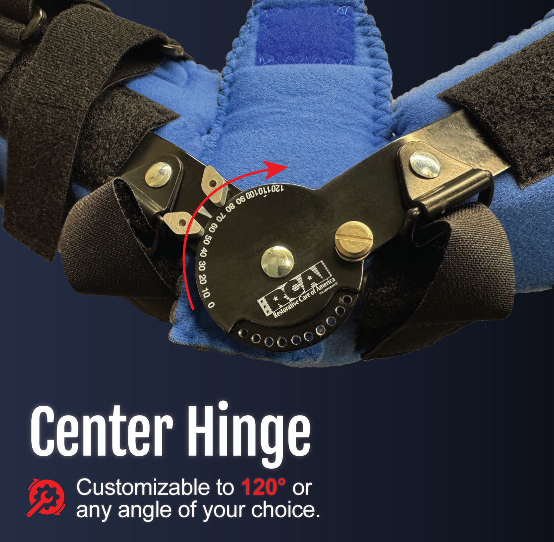Close-up of black and blue adjustable center hinge on elbow orthosis with angle customization dial.
