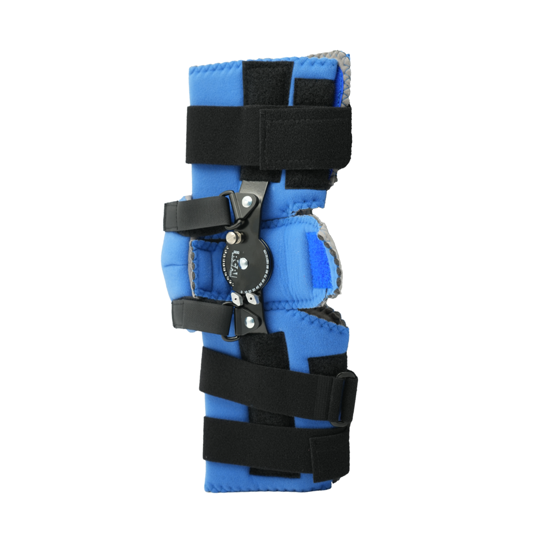 Blue and black adjustable elbow orthosis with metal hinge and multiple Velcro straps.