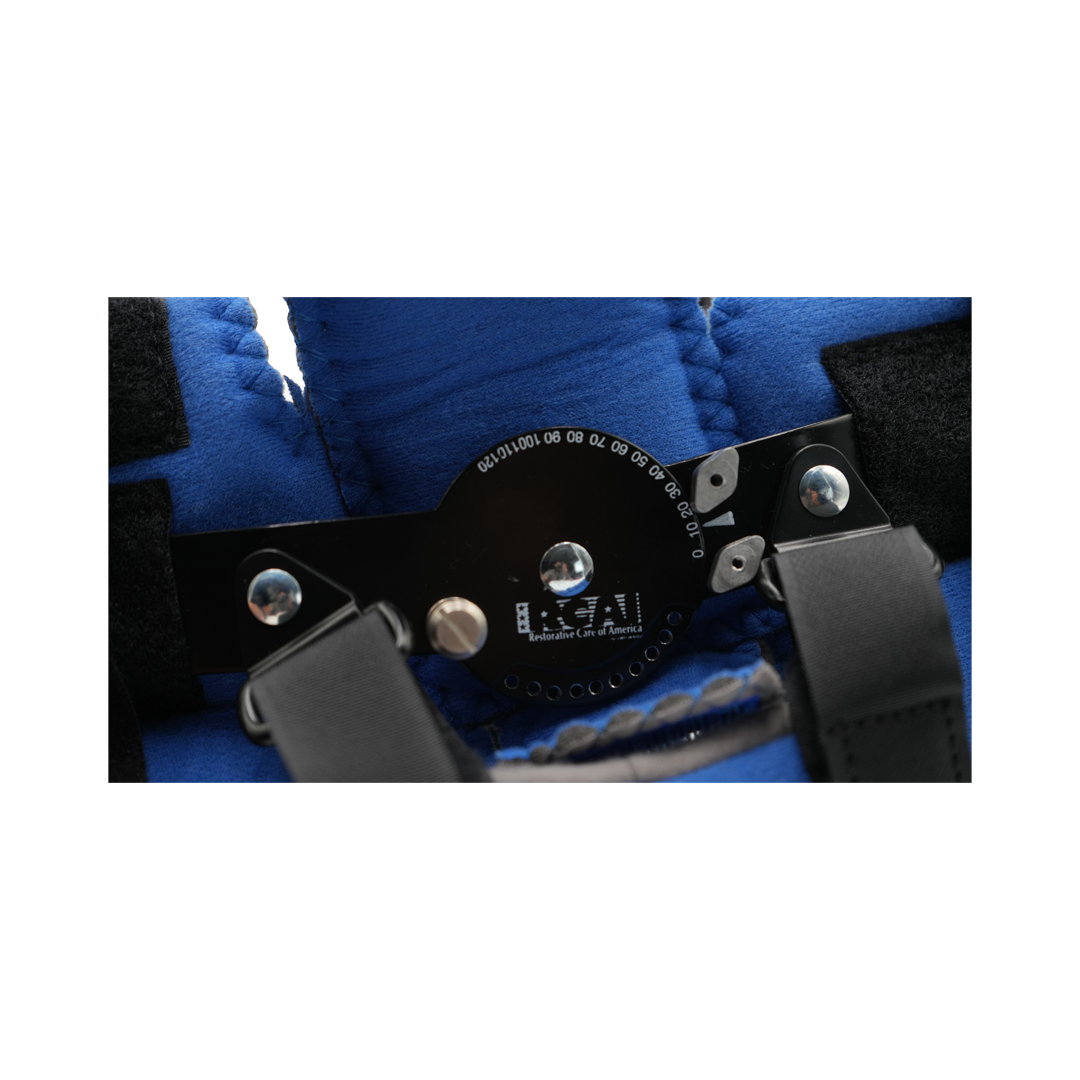 Black metal elbow brace with adjustable hinge, blue padded fabric and securing straps.