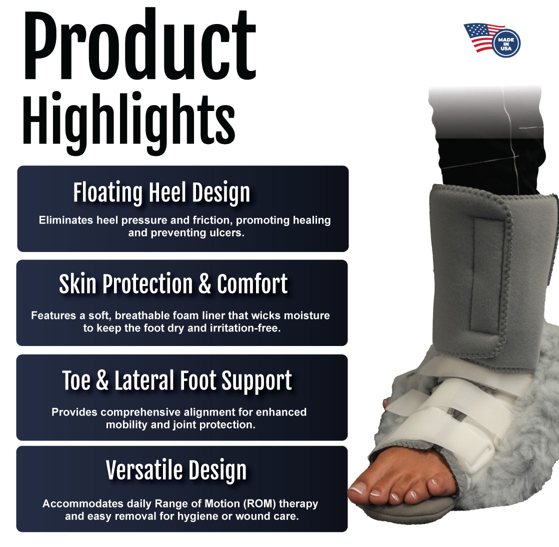 Product highlights panel with text detailing floating heel design, skin protection, foot support, and versatile design.