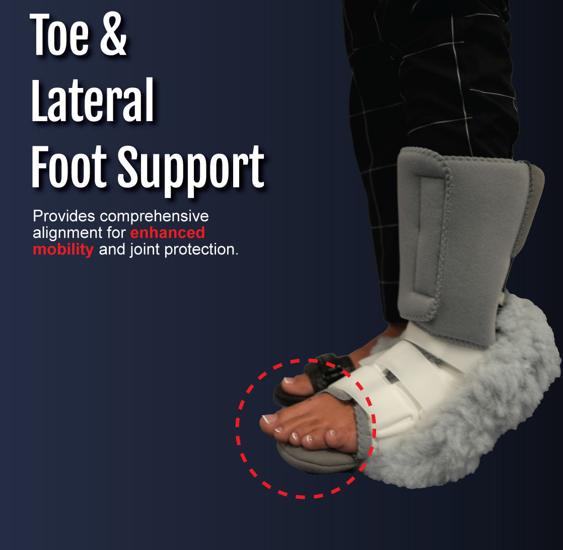 Gray cushioned foot support with soft white fleece lining and adjustable strap around the ankle.