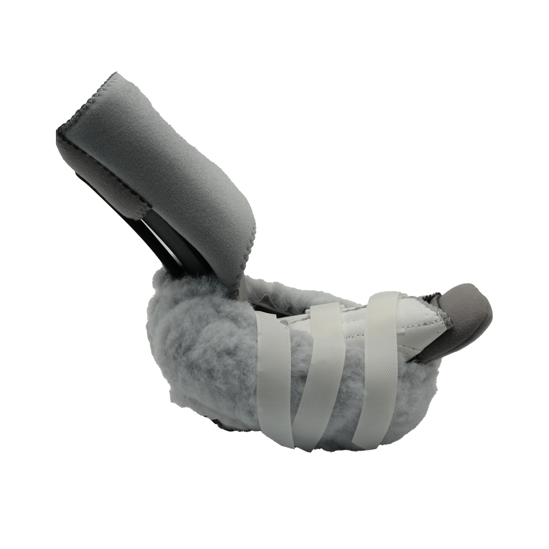 Gray padded orthopedic back posture support with soft fleece lining and adjustable white straps.