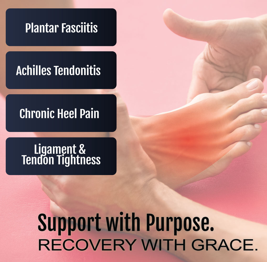 Foot with highlighted red pain area on heel and text overlays listing plantar fasciitis, Achilles tendonitis, chronic heel.