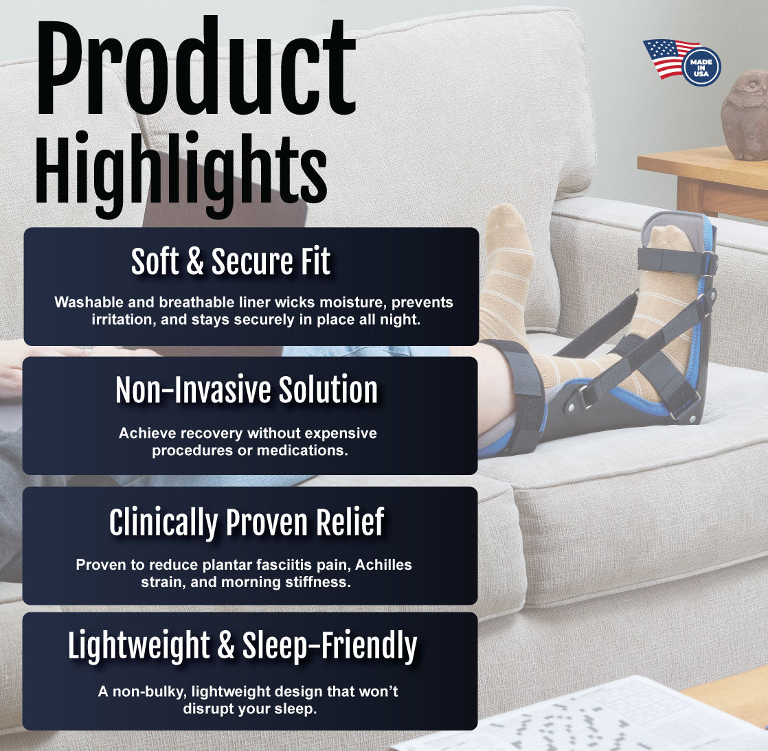 Black and gray adjustable plantar fasciitis night splint with straps on white couch.