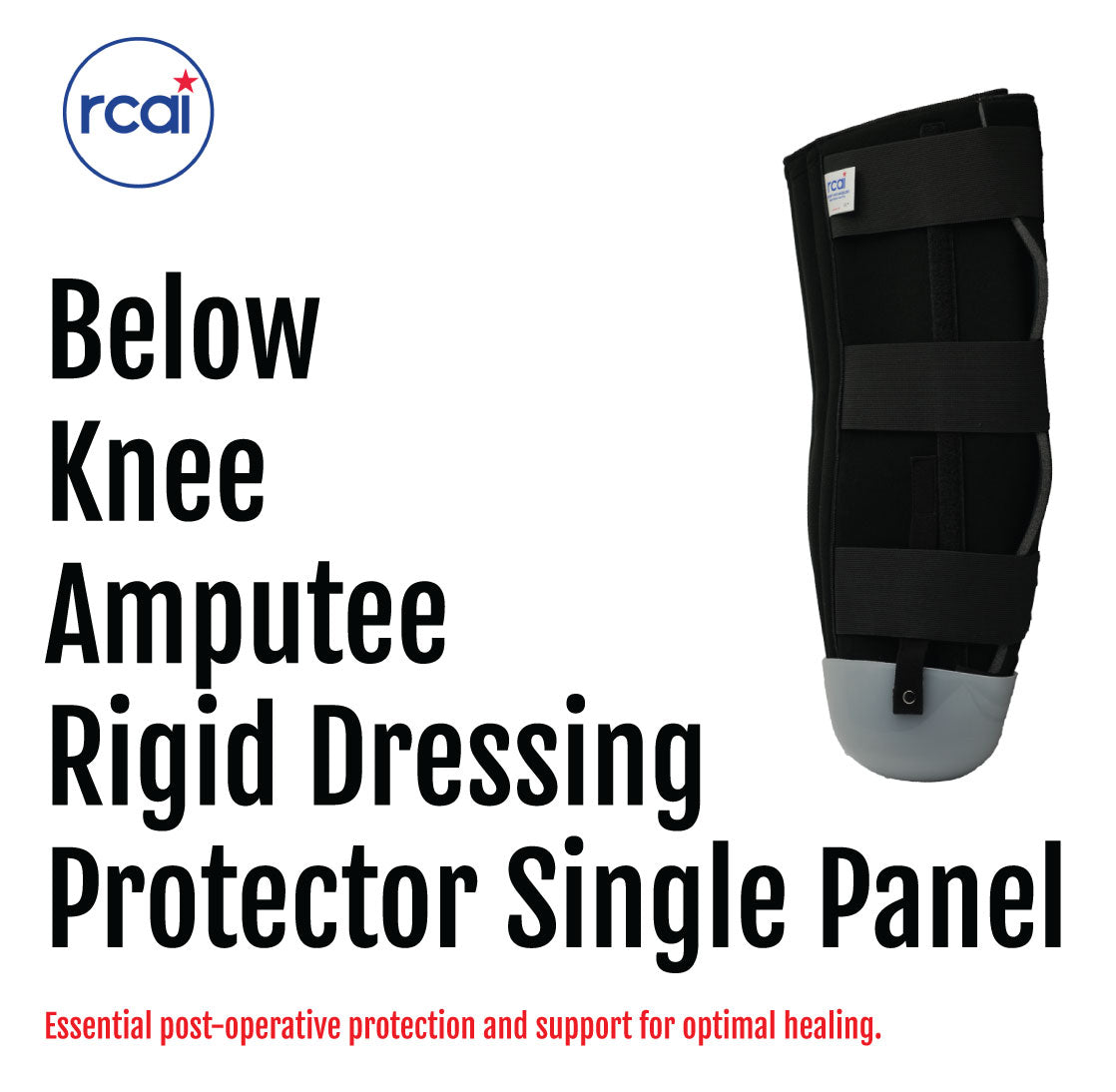 Black below-knee amputee rigid dressing protector with adjustable straps and padded foot cover.