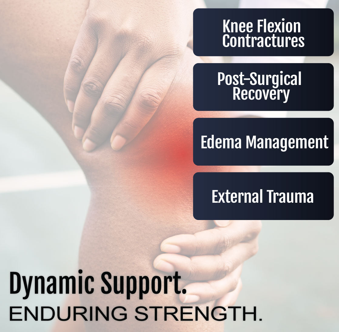 Person holding painful red knee area with text describing knee flexion contractures recovery and trauma support.