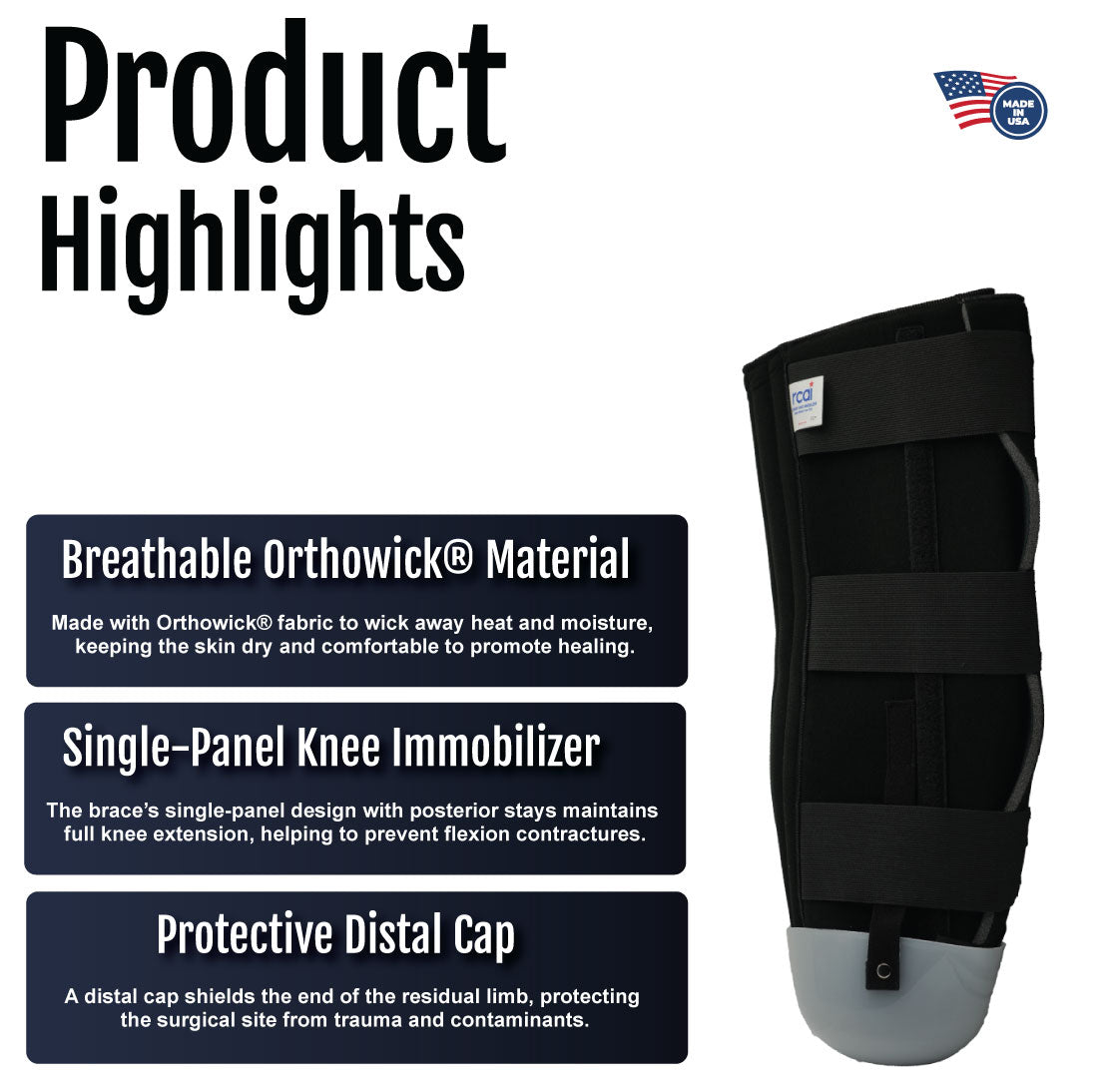 Black single-panel knee immobilizer with adjustable straps and breathable fabric label.