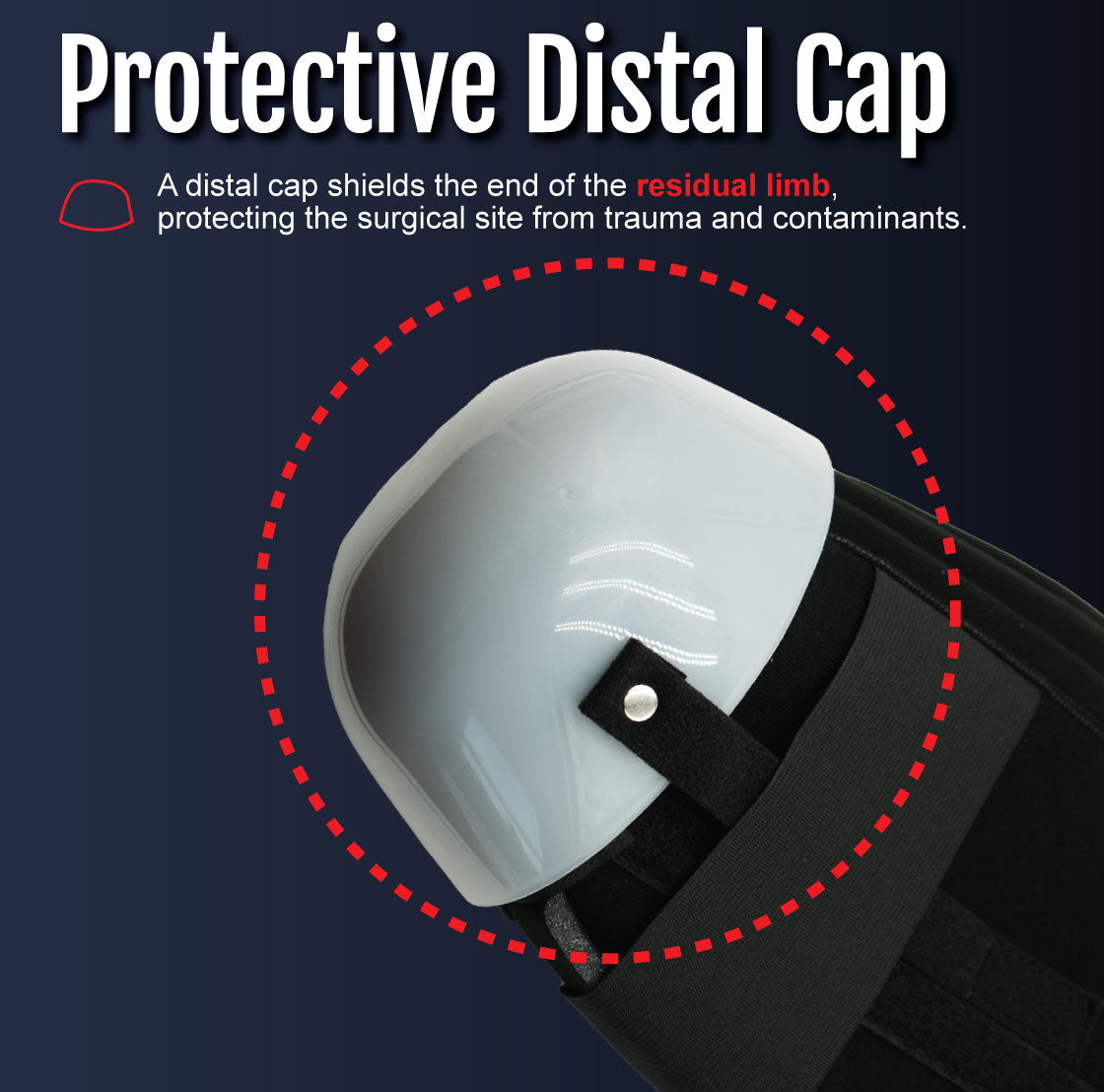 White rigid protective distal cap attached to black single-panel below knee dressing with adjustable strap.