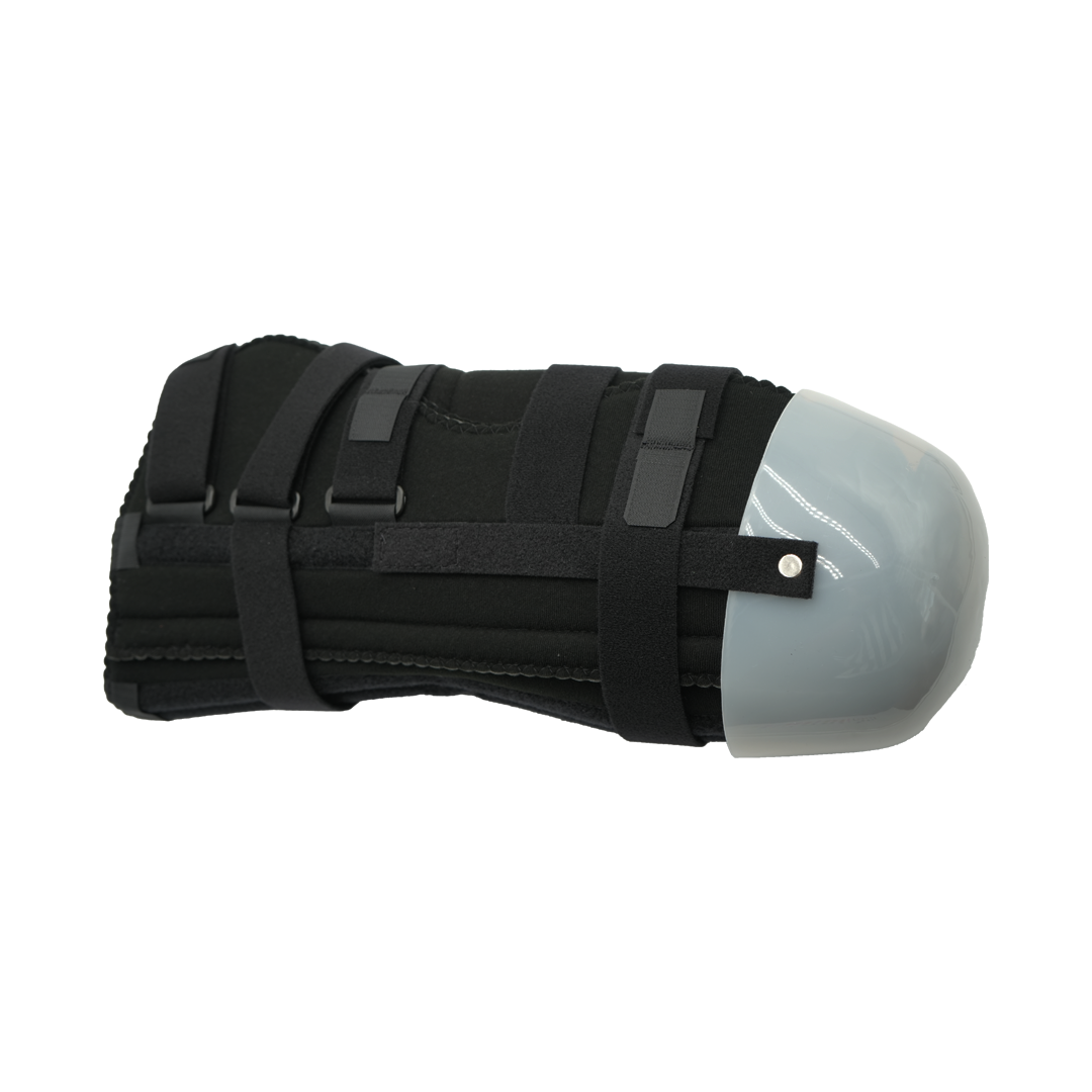 Black below-knee tri-panel rigid dressing protector with adjustable Velcro straps on mannequin leg.
