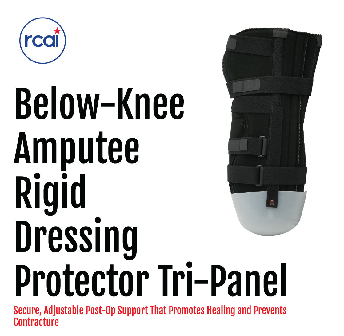Black Below Knee Amputee Rigid Dressing Protector with adjustable tri-panel straps and padded interior.