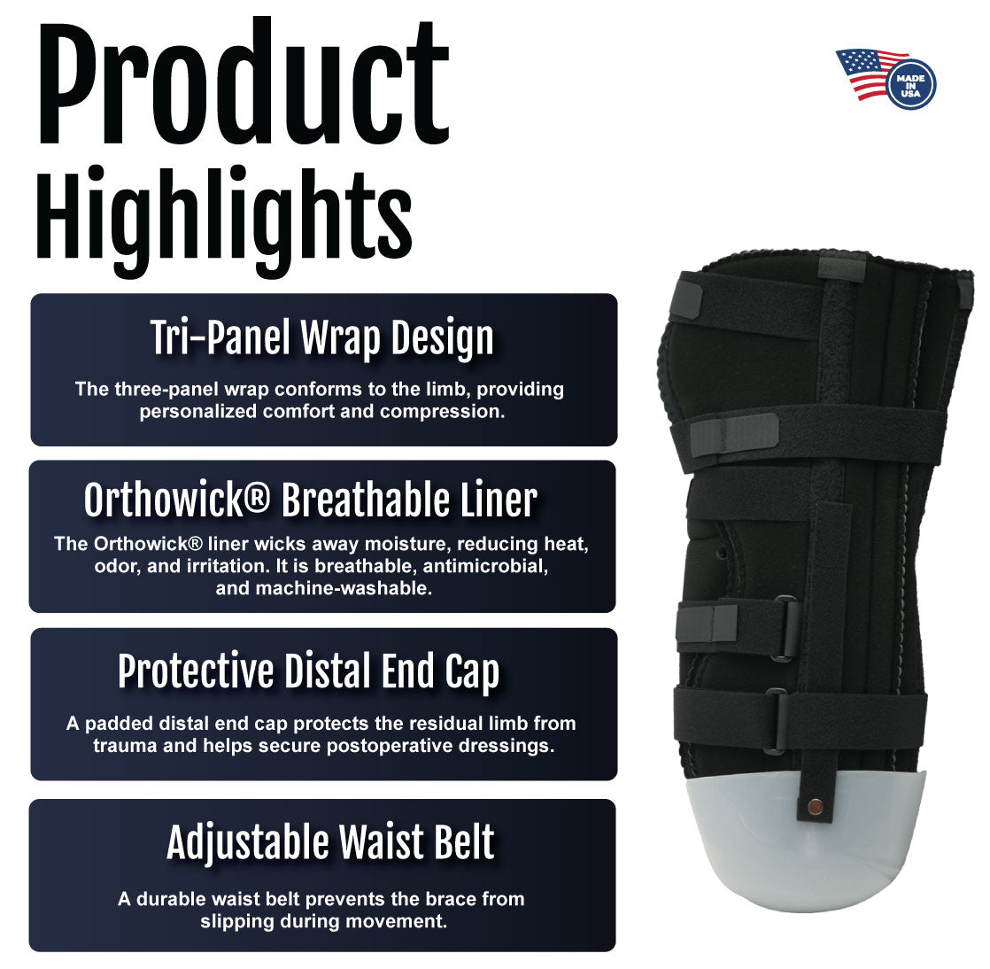 Black below knee amputee rigid dressing protector with three adjustable straps and breathable liner, featuring a padded.