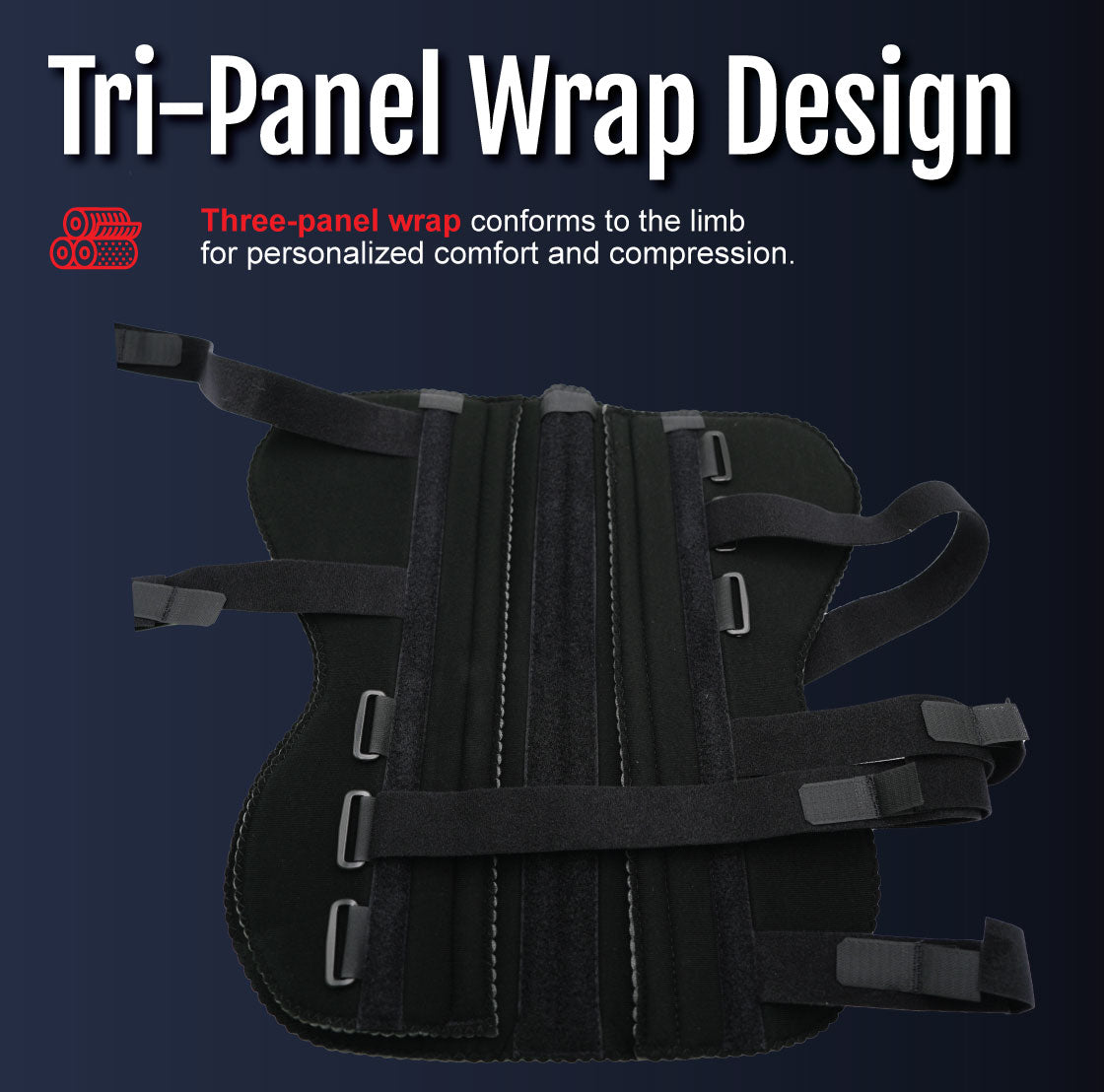 Black below-knee amputee rigid dressing protector with tri-panel wrap and adjustable hook-and-loop straps.