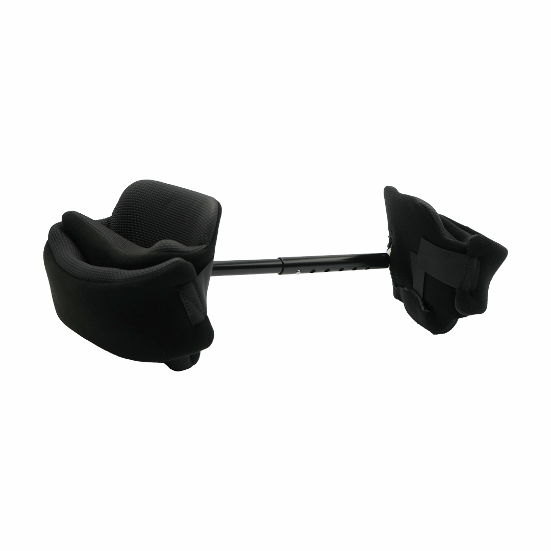 Black adjustable abduction bar with padded leg supports connected by a central telescoping metal rod.