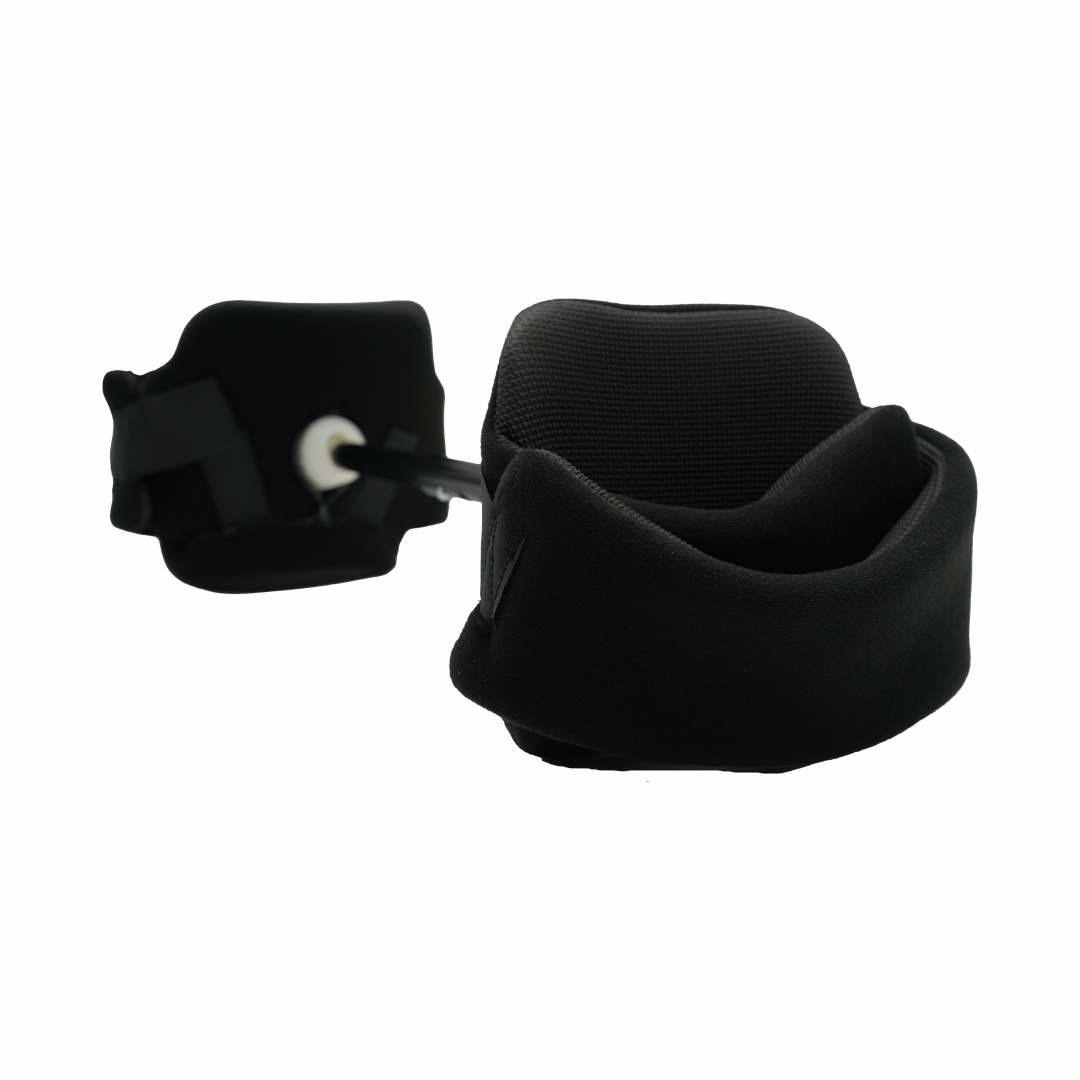 Black padded abduction bar with adjustable metal connectors and cushioned supports for limb positioning.