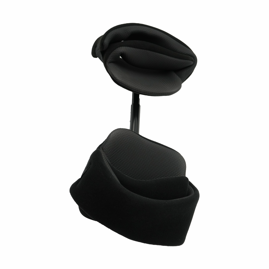 Black padded abduction bar with contoured cushions and adjustable metal support rod.