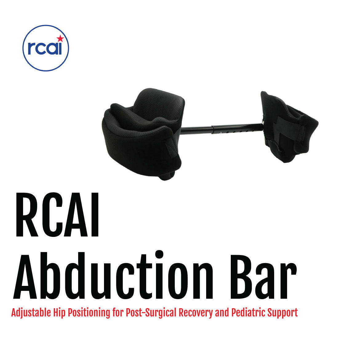 Black adjustable abduction bar with padded supports designed for post-surgical recovery and pediatric use.