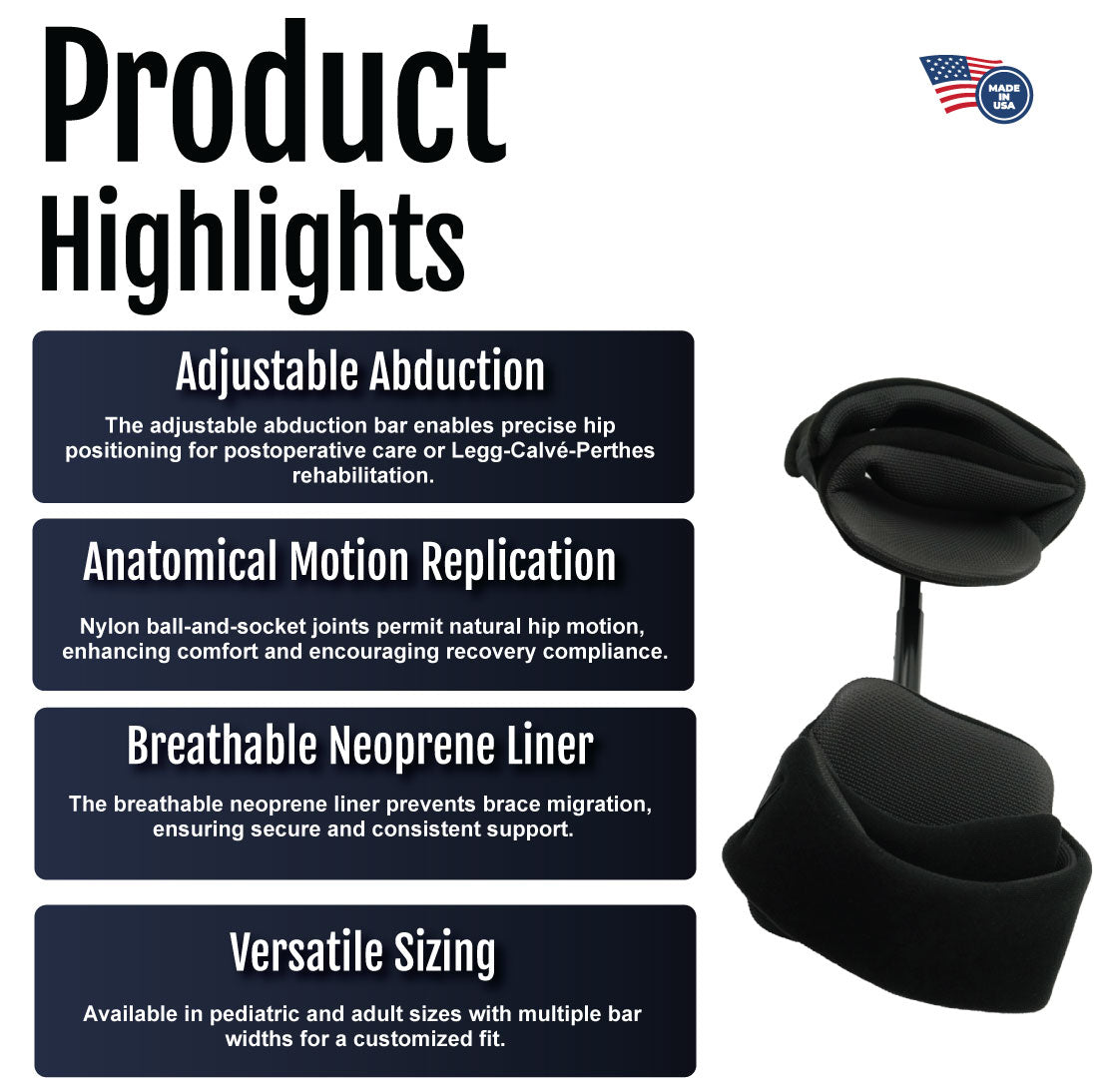 Product highlights text panel detailing adjustable abduction, anatomical motion replication, breathable neoprene liner, and.