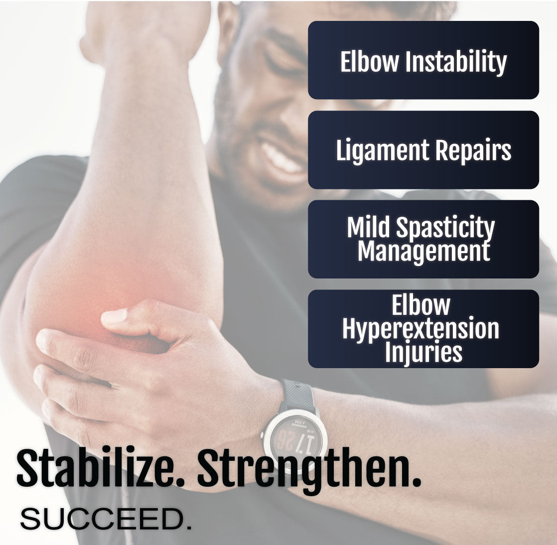 Black Premier Elbow Orthosis brace secured on arm for support and stabilization.
