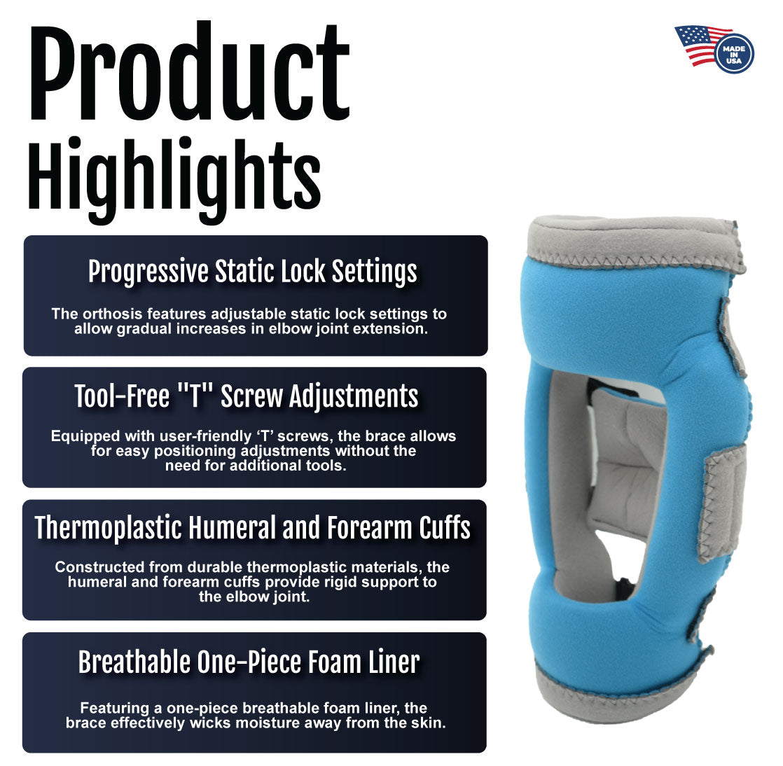 Gray and blue Premier Elbow Orthosis with adjustable thermoplastic humeral and forearm cuffs and breathable liner.