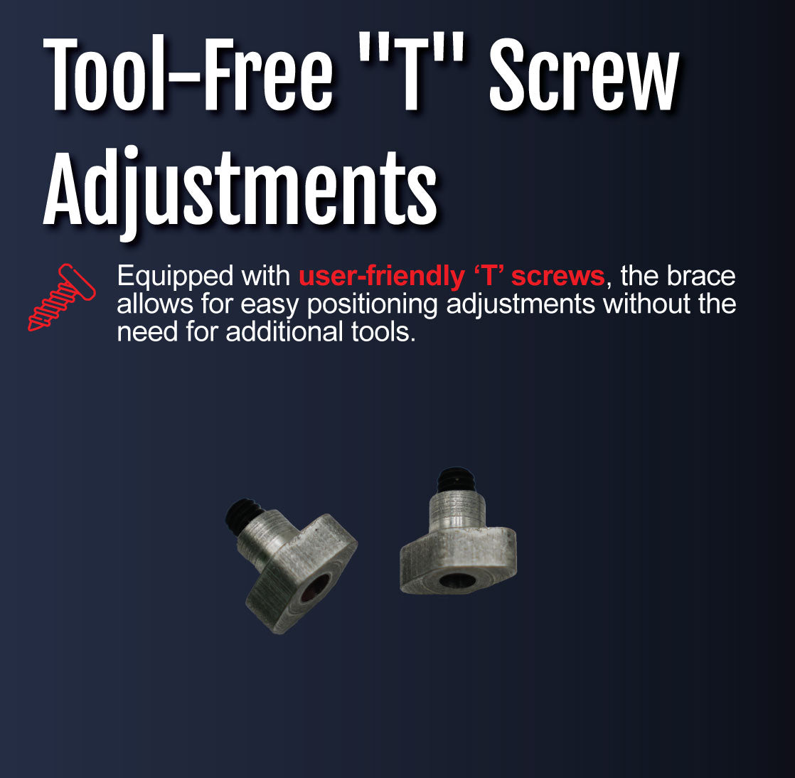 Two metallic tool-free "T" screws for easy adjustments on Premier Elbow Orthosis, close-up view.