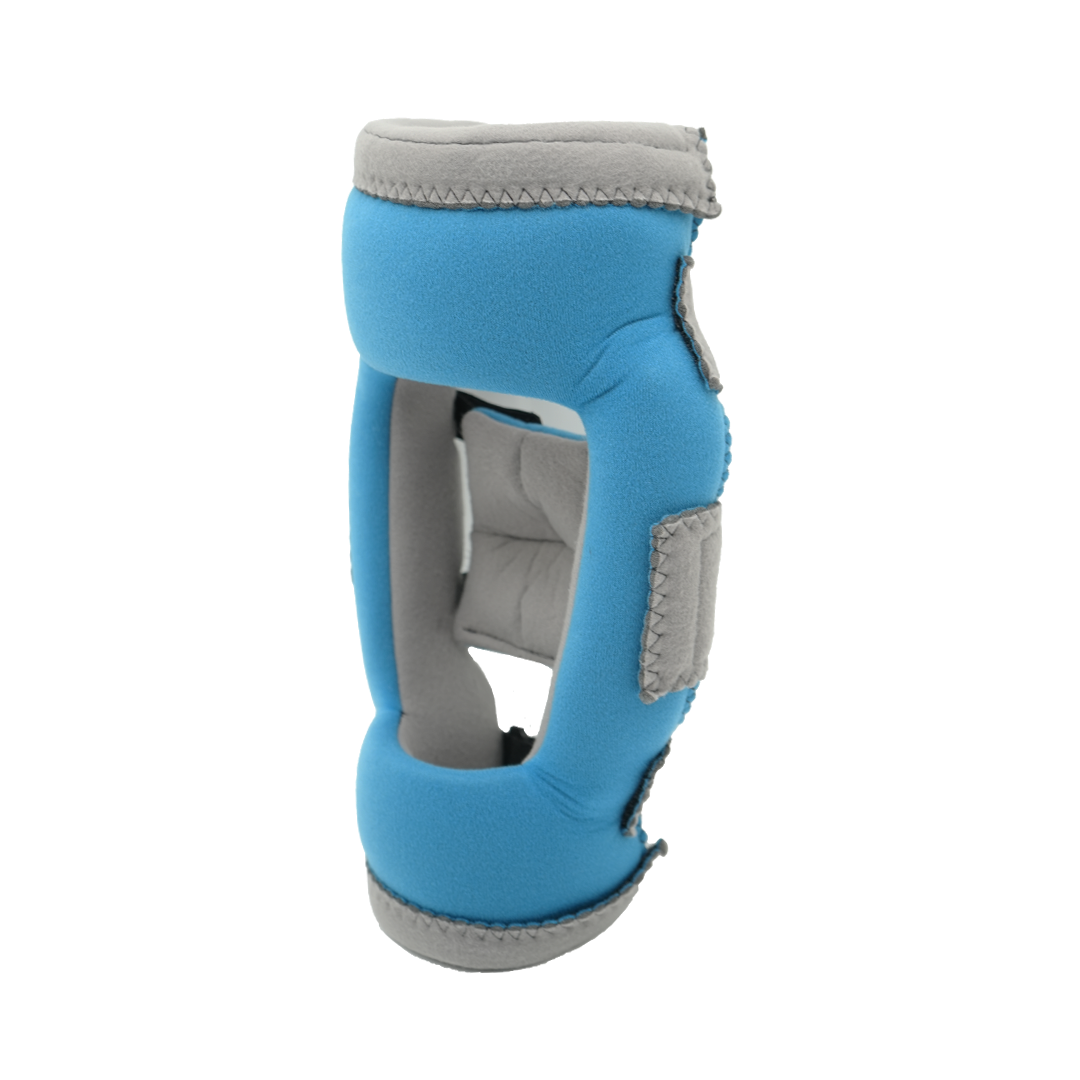 Blue and gray padded Premier elbow orthosis with adjustable straps and open elbow design.