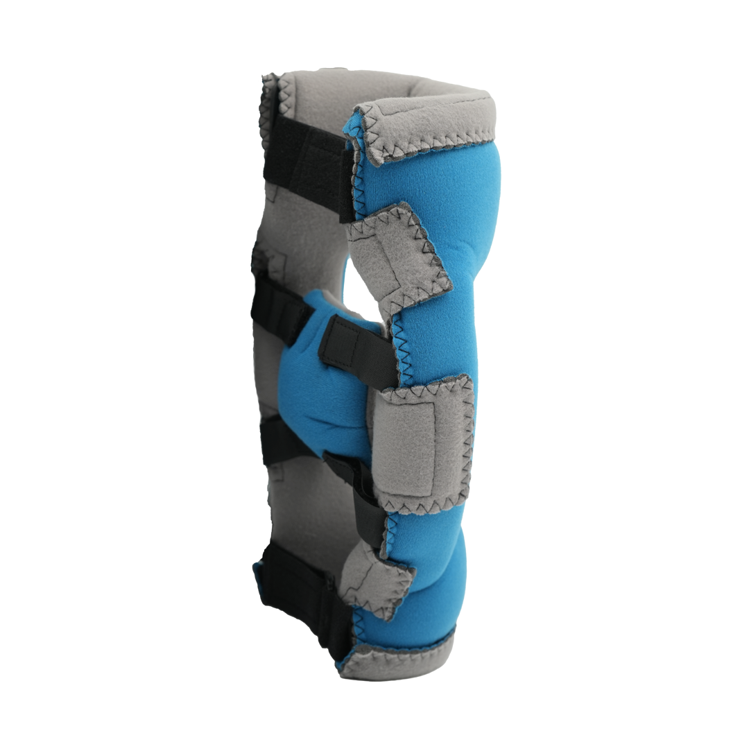 Blue and gray adjustable Premier Elbow Orthosis with multiple black Velcro straps and padded support.