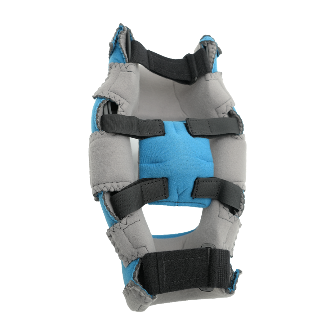 Blue and gray elbow orthosis with multiple black adjustable straps and padded support.