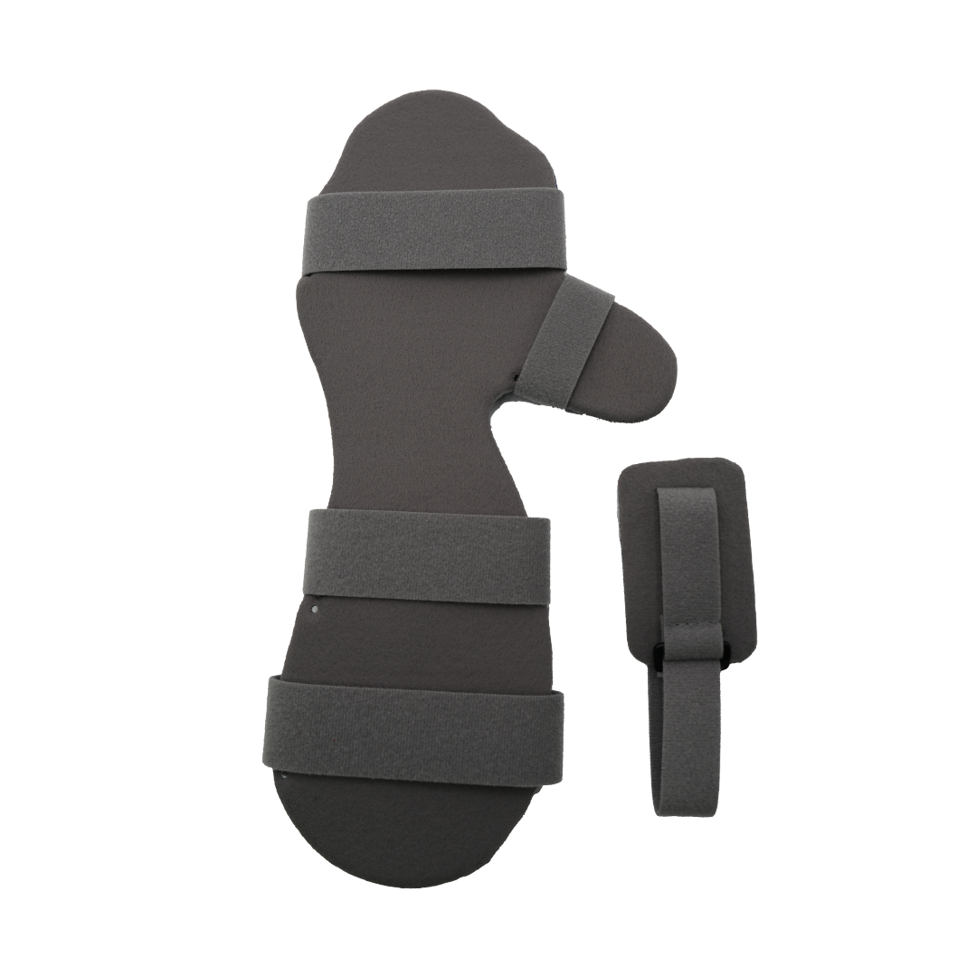 Gray foam resting hand orthosis with three adjustable black straps and separate padded finger splint.