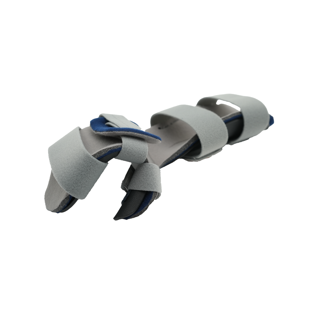 Pediatric resting hand orthosis with blue foam padding and gray adjustable straps for wrist and fingers.
